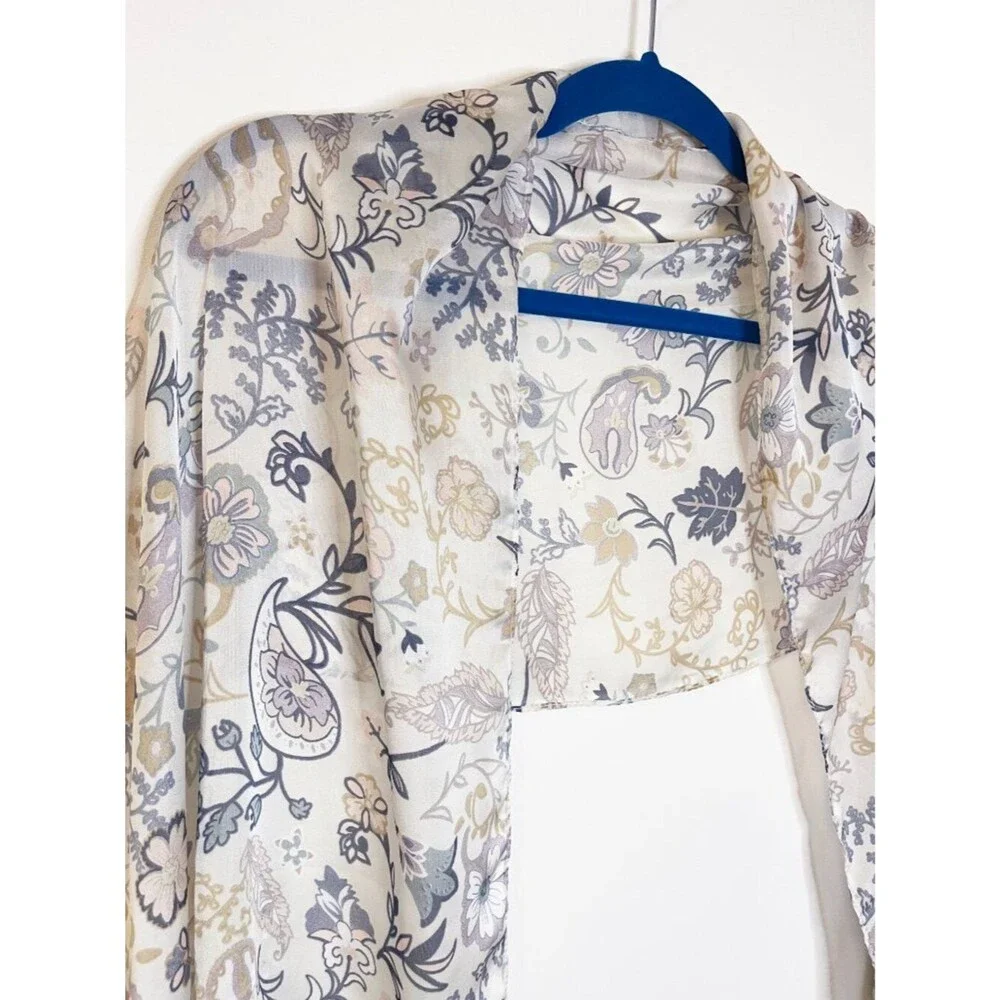 Vintage Floral Chiffon Scarf Cream Gray Beige Paisley Boho Romantic Wrap